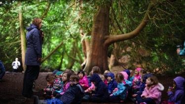 Nature Classroom, in woods, students sitting and teacher standing