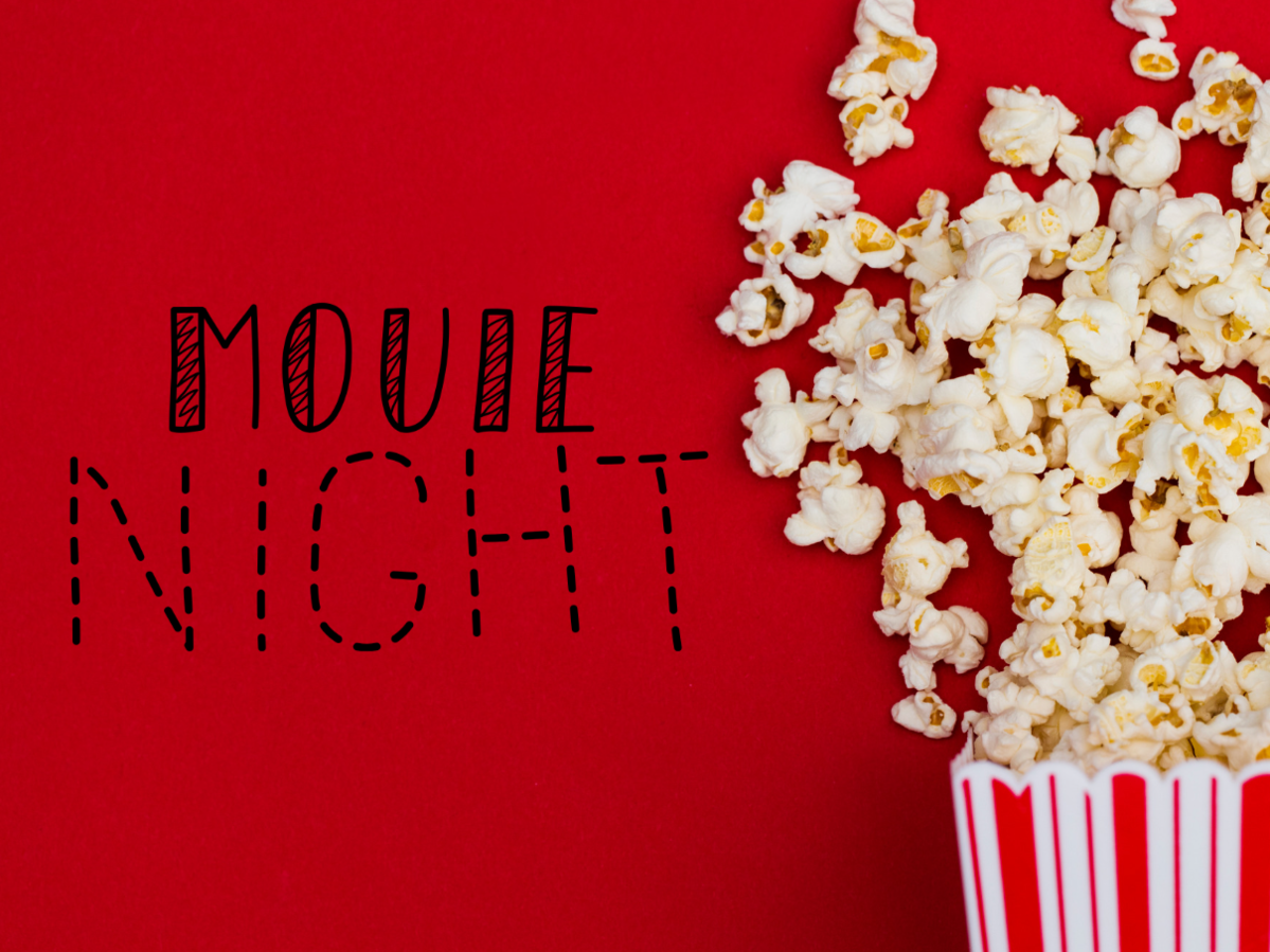 Movie Night in black writing against red background with bag of popcorn 