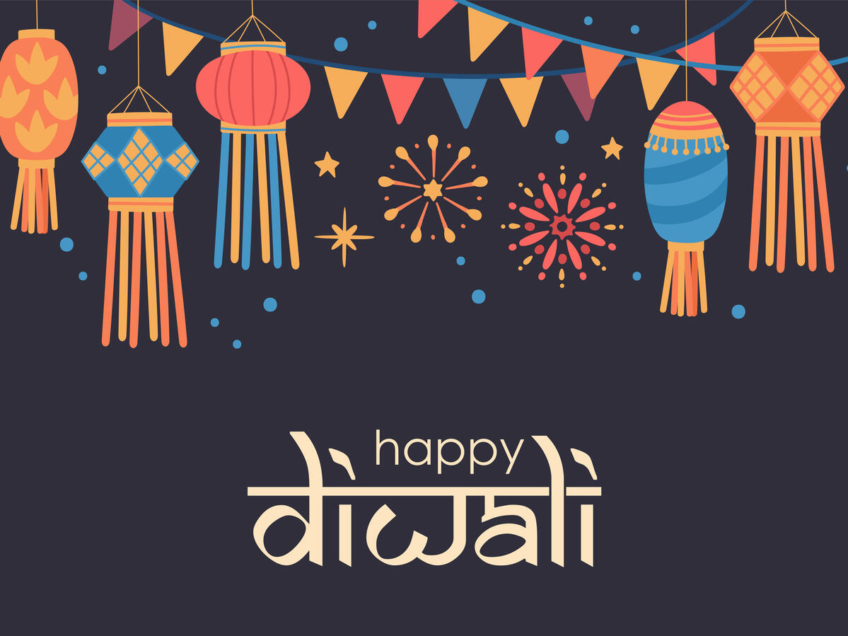 Happy Diwali in white on black background with colourful decorations and fireworks at the top