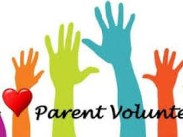 We Love Parent Volunteers in black print over colored hands sticking up in the air waving