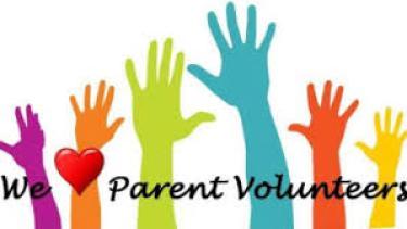 We Love Parent Volunteers in black print over colored hands sticking up in the air waving
