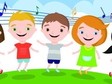 young boys and girls holding hands on green grass with music notes in the air blue sky with white clouds