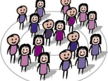 stick boys and girls standing in a circle wearing shades of pink and purple