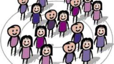 stick boys and girls standing in a circle wearing shades of pink and purple