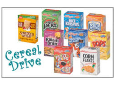 Cereal Drive words and variety of boxes of cereal
