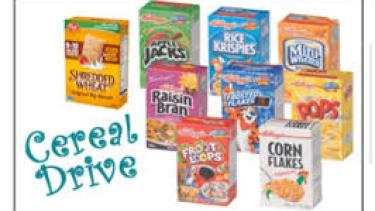 Cereal Drive words and variety of boxes of cereal