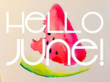 Hello June in white lettering with watermelon image behind letters