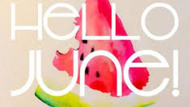 Hello June in white lettering with watermelon image behind letters