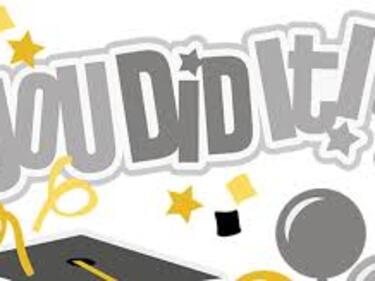 "You Did It" with yellow stars, diamonds, black squares, and grey balloons around words