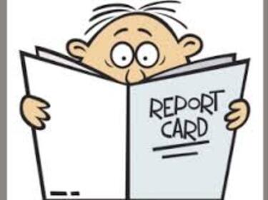 Cartoon man reading a report card, only can see man's top head and hands