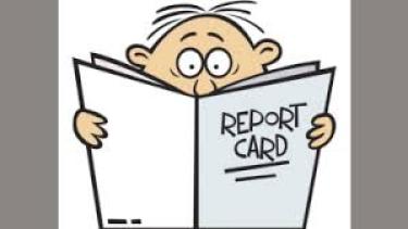 Cartoon man reading a report card, only can see man's top head and hands