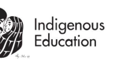 Indigenous Education with Indigenous artistic symbol, black & white