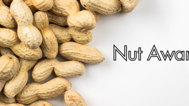 a pile of shelled peanuts on a white background, words say "nut awareness"