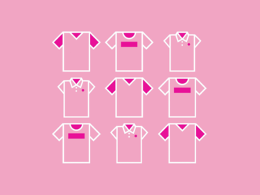 Pink background with white outlined tshirts in 3 rows of 3
