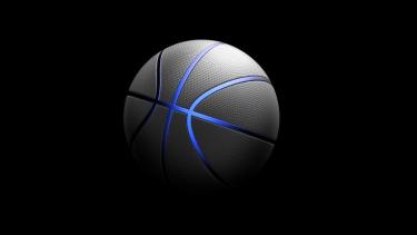 Basketball, a grey ball with bright blue stripes on a black background
