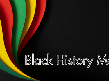 Black History Month (white letters on black background) with colourful swirls behind