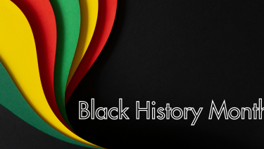 Black History Month (white letters on black background) with colourful swirls behind