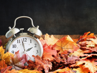 clock on a pile of fall coloured leaves 