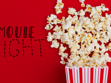 Movie Night in black writing against red background with bag of popcorn 