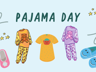 Pajama Day with cute slippers and outfits for boys & girls underneath words