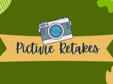 Picture Retakes written in navy blue on a beige banner with green background including shapes and a camera