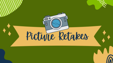 Picture Retakes Picture Retakes written in navy blue on a beige banner with green background including shapes and a camera