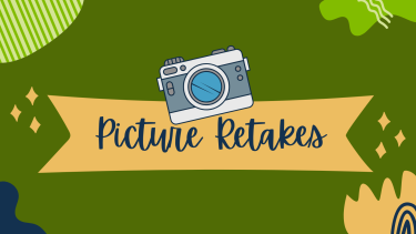 Picture Retakes written in navy blue on a beige banner with green background including shapes and a camera