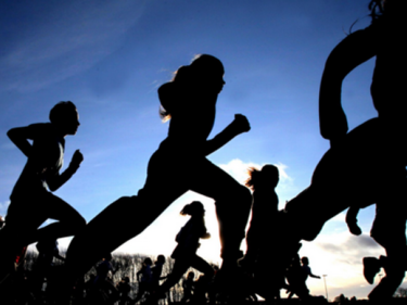 variety of people in running motion, all dark with blue sky in blackground