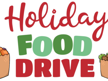 Holiday Food Drive written in red & green with a brown bag filled with food on either side`