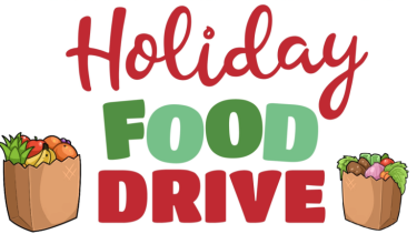 Holiday Food Drive written in red & green with a brown bag filled with food on either side`