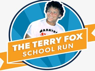 Terry Fox School Fun banner against picture of Terry Fox with blue background
