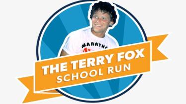 The Terry Fox School Run Terry Fox School Fun banner against picture of Terry Fox with blue background