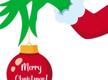 Grinch hand holding a red xmas tree ornament that says Merry Christas