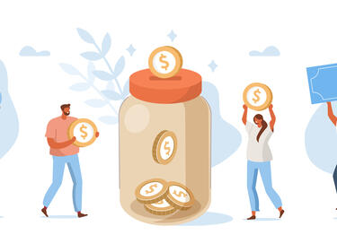 Fundraising cartoon, 4 adults carrying large $ symbols towards a large coin container
