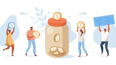 Fundraising cartoon, 4 adults carrying large $ symbols towards a large coin container