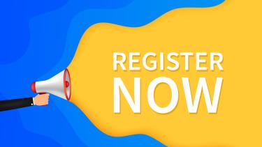 Register Now in a yellow bubble from a microphone