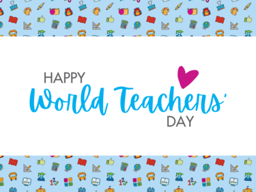 Graphic showing school icons and text that reads "Happy World Teachers Day"