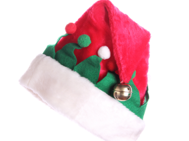Image of red santa hat with white trim and bells