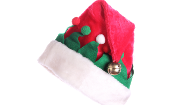 Image of red santa hat with white trim and bells