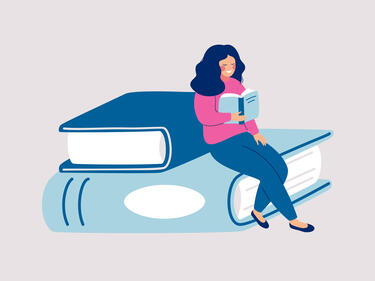 Cartoon woman sitting on a large blue book reading a book