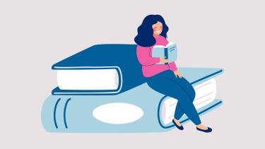 Cartoon woman sitting on a large blue book reading a book